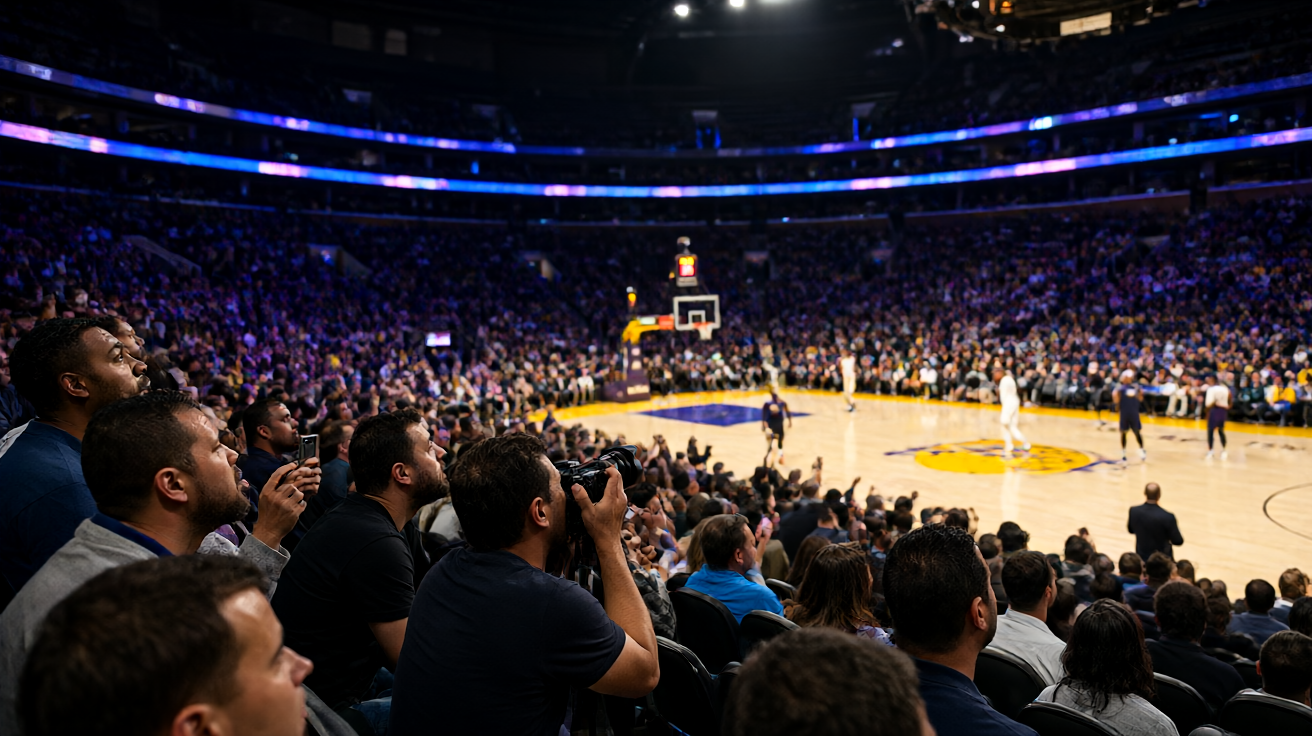 NBA篮球比赛现场，球员在篮下争抢篮板